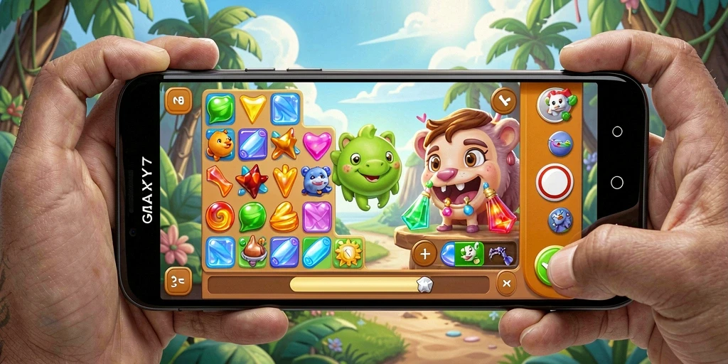 Screenshot permainan GALAXY77 menampilkan aksi mencocokkan item galaksi.