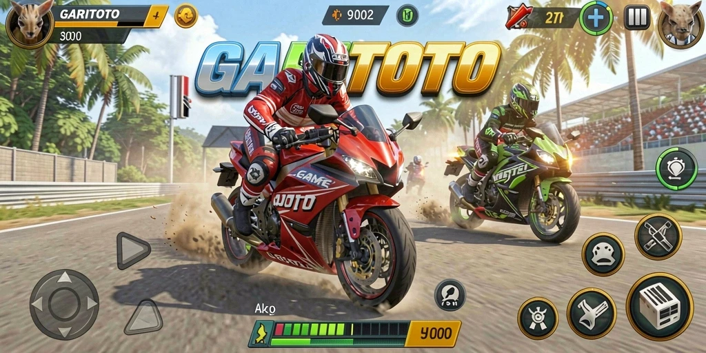 Screenshot yang menampilkan aksi balapan motor yang mendebarkan di GARITOTO.