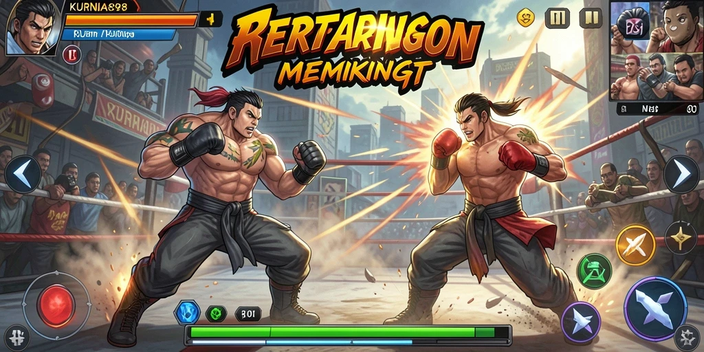 Tampilan gameplay KURNIA898 yang menegangkan dengan karakter bertarung di arena.