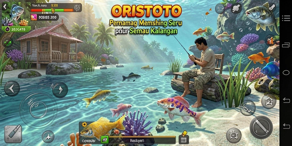 Tampilan gameplay ORISTOTO yang menarik dan realistis dengan lokasi memancing yang indah.
