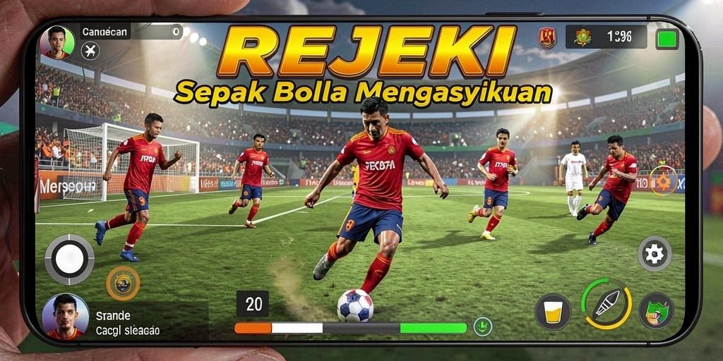 Tampilan screenshot utama REJEKI menampilkan aksi sepak bola yang mendebarkan.