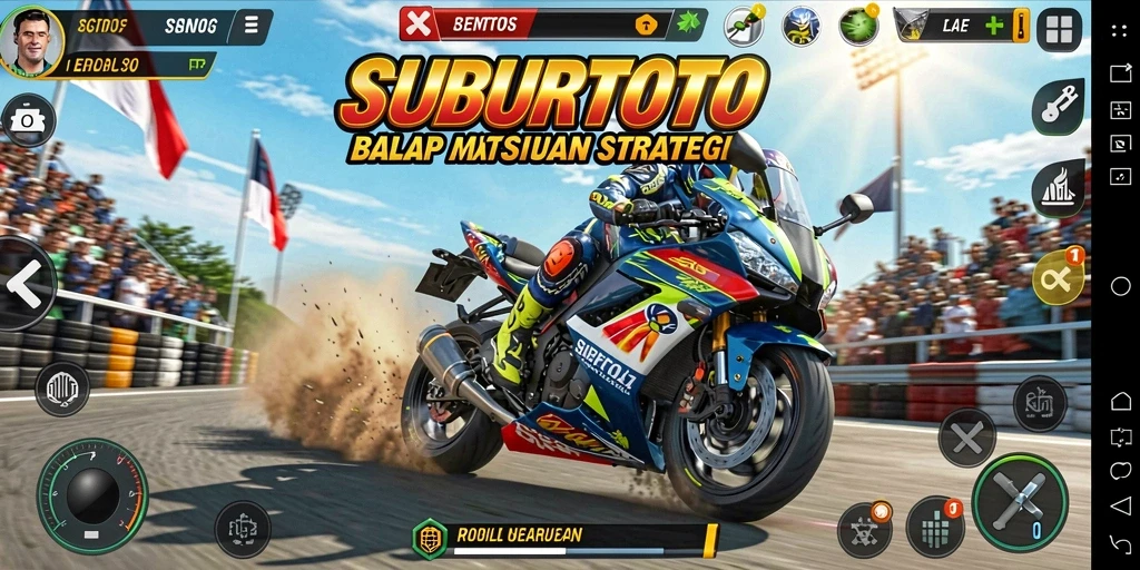 Tangkapan layar gameplay SUBURTOTO yang menunjukkan balapan motor yang mendebarkan.