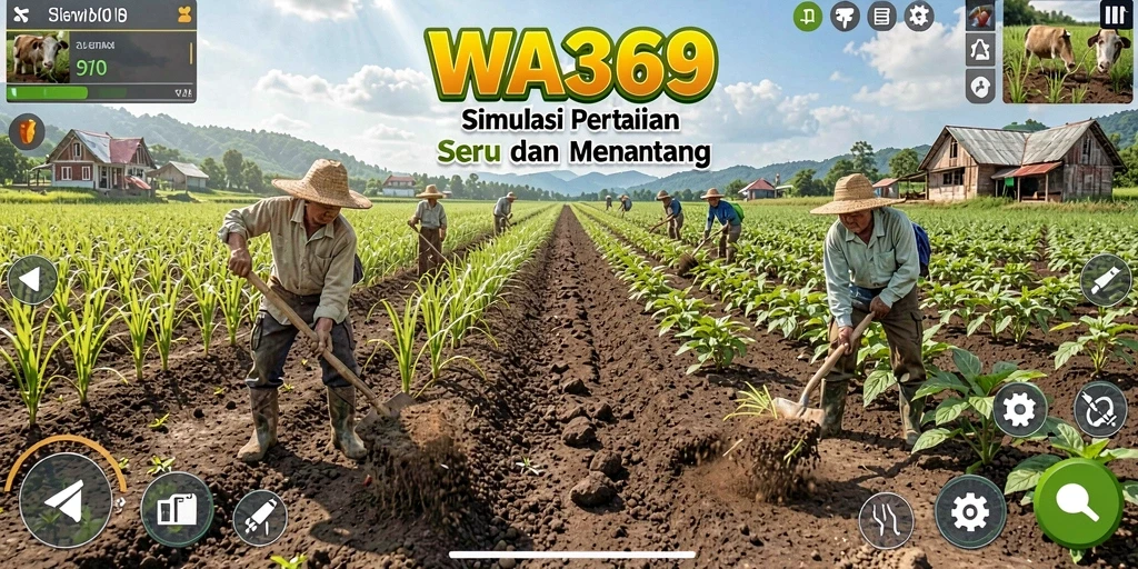 Tampilan gameplay WA369 dengan ladang yang subur dan hewan ternak.