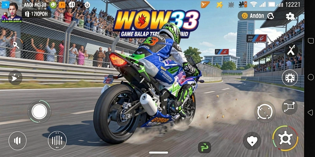 Tangkapan layar gameplay WOW33 menampilkan balapan motor yang seru dan mendebarkan.